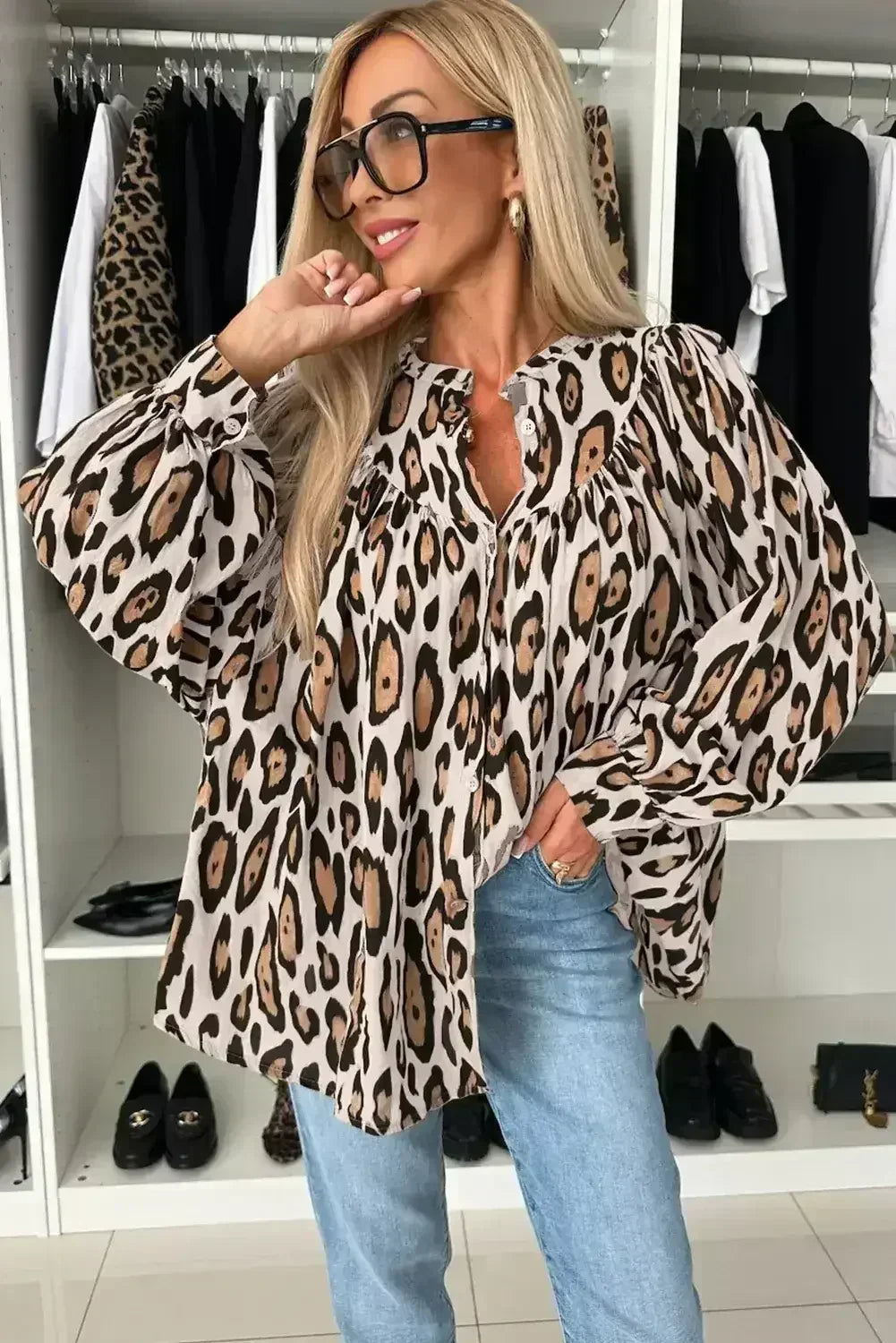 Light Leopard Print Balloon Sleeve Loose Blouse | Femstylo - Femstylo