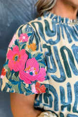 Beige Embroidered Puff Sleeve Frilled Neck Printed Top | Femstylo - Femstylo