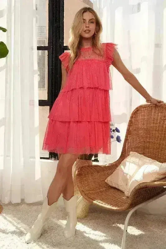 ADORA Layered Ruffled Cap Sleeve Mesh Dress - Femstylo