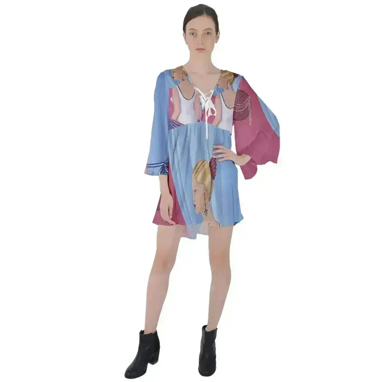 Palm Beach Perfume V-Neck Flare Sleeve Mini Dress - Femstylo