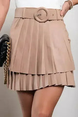 Faux leather pleated miniskirt with belt Chiqui, brown - Femstylo