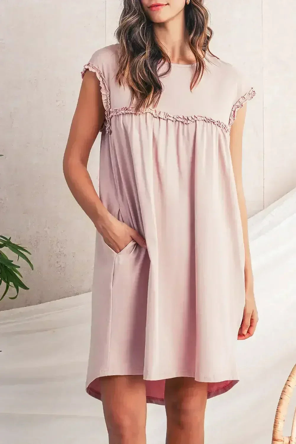 Oatmeal Frilled Trim Crewneck Loose Fit Mini Dress - Femstylo