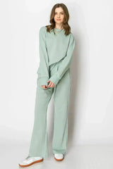 LONG SLEEVE FRENCH TERRY CASUAL COZY FALL LOUNGE SET CREW NECK WIDE - Femstylo
