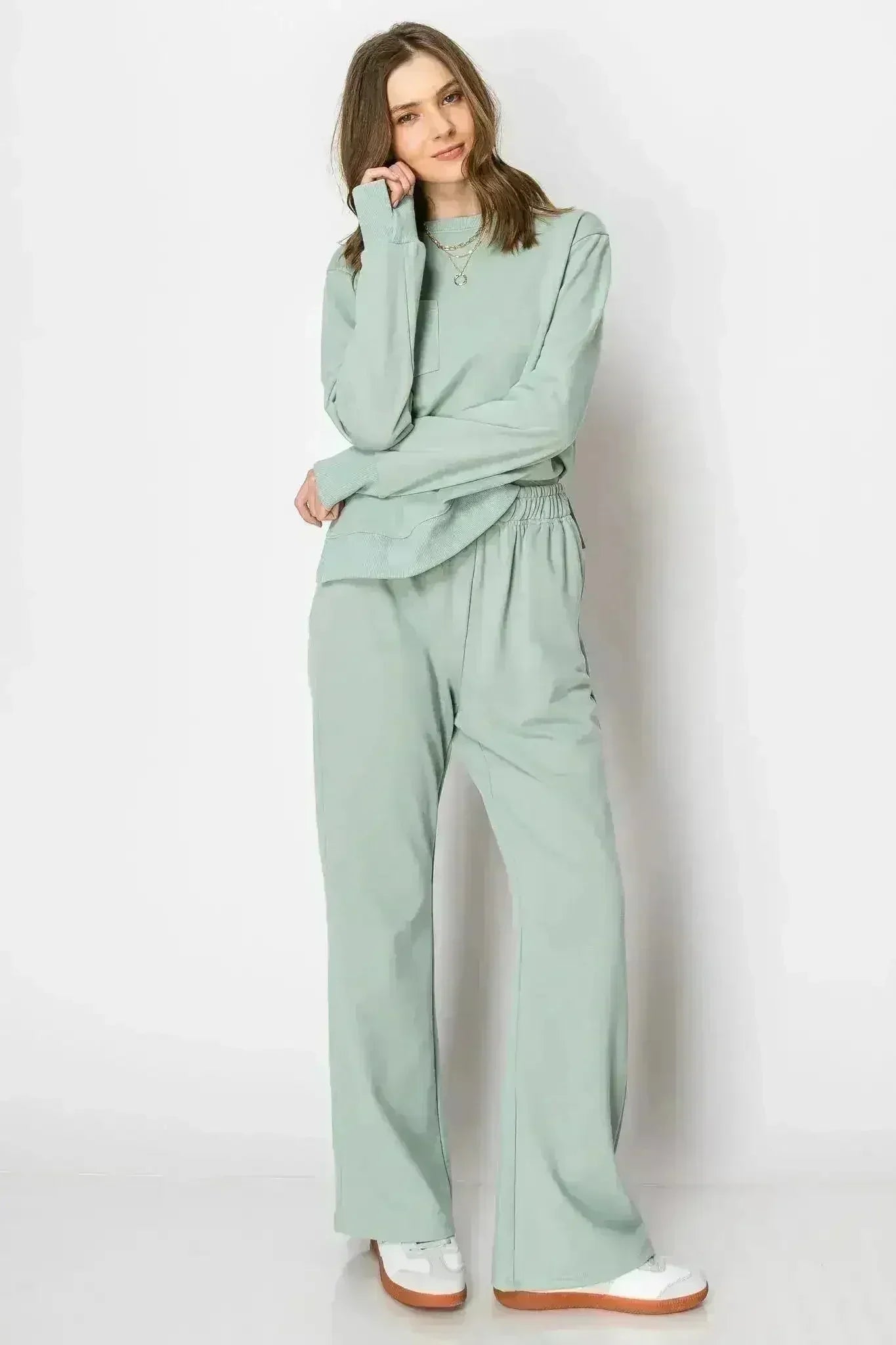LONG SLEEVE FRENCH TERRY CASUAL COZY FALL LOUNGE SET CREW NECK WIDE - Femstylo