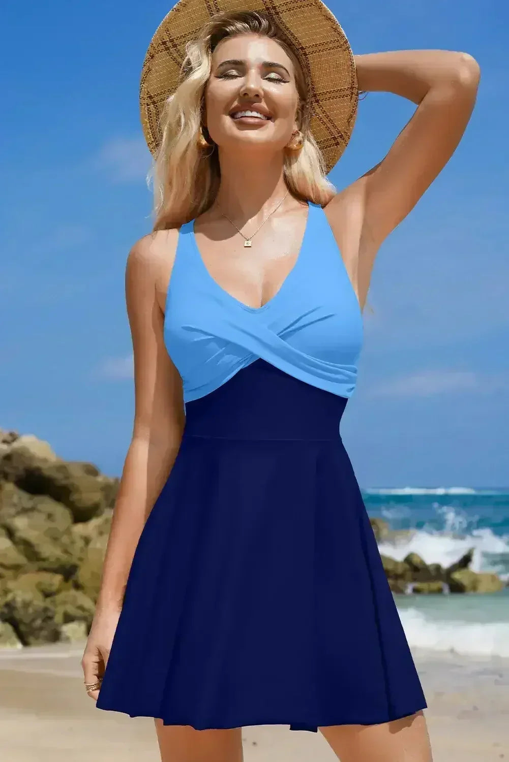 Black Criss Cross Straps Tie Back Flared One Piece Swimsuit - Femstylo