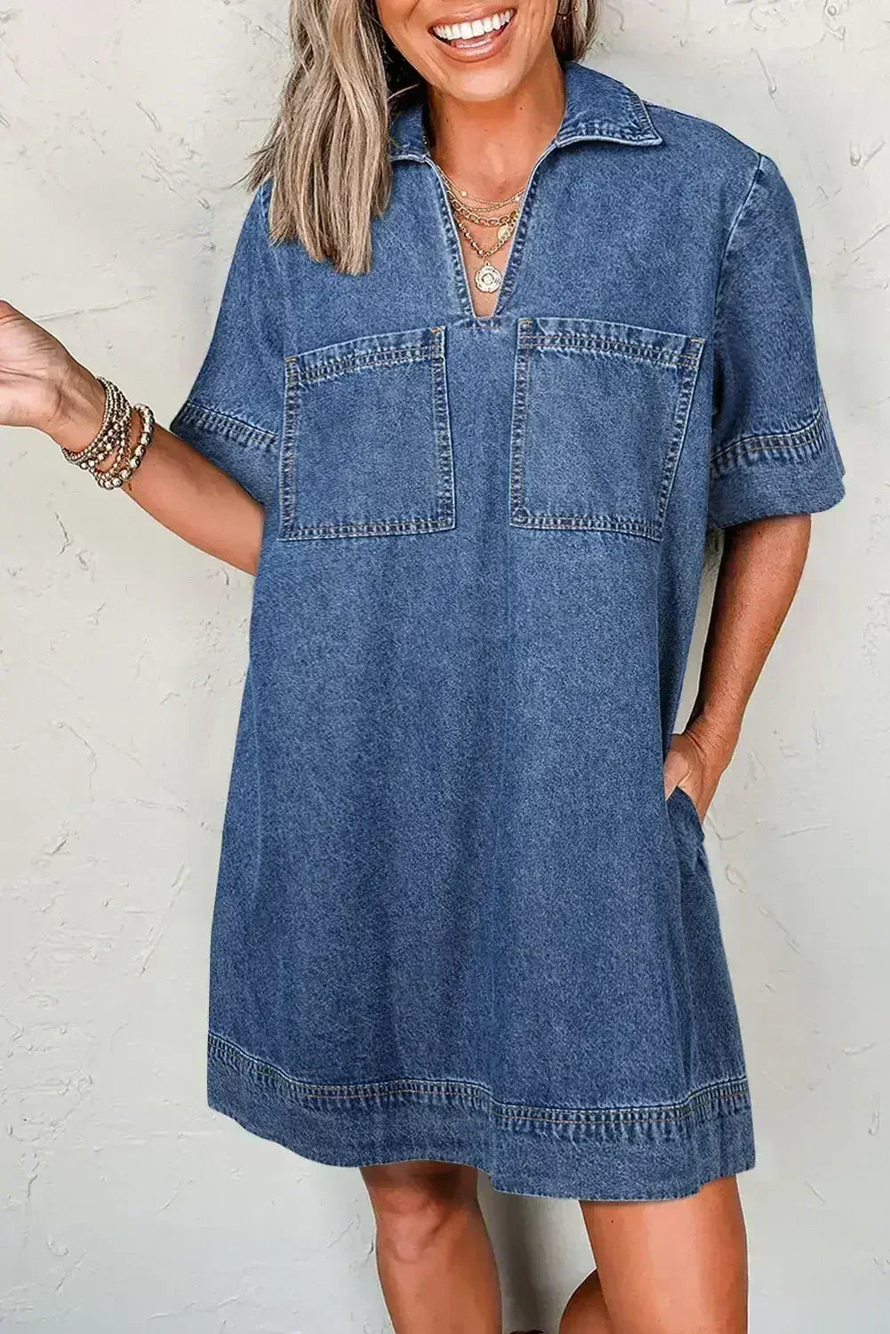 Beau Blue Short Sleeve Collared Chest Pocket Denim Mini Dress - Femstylo
