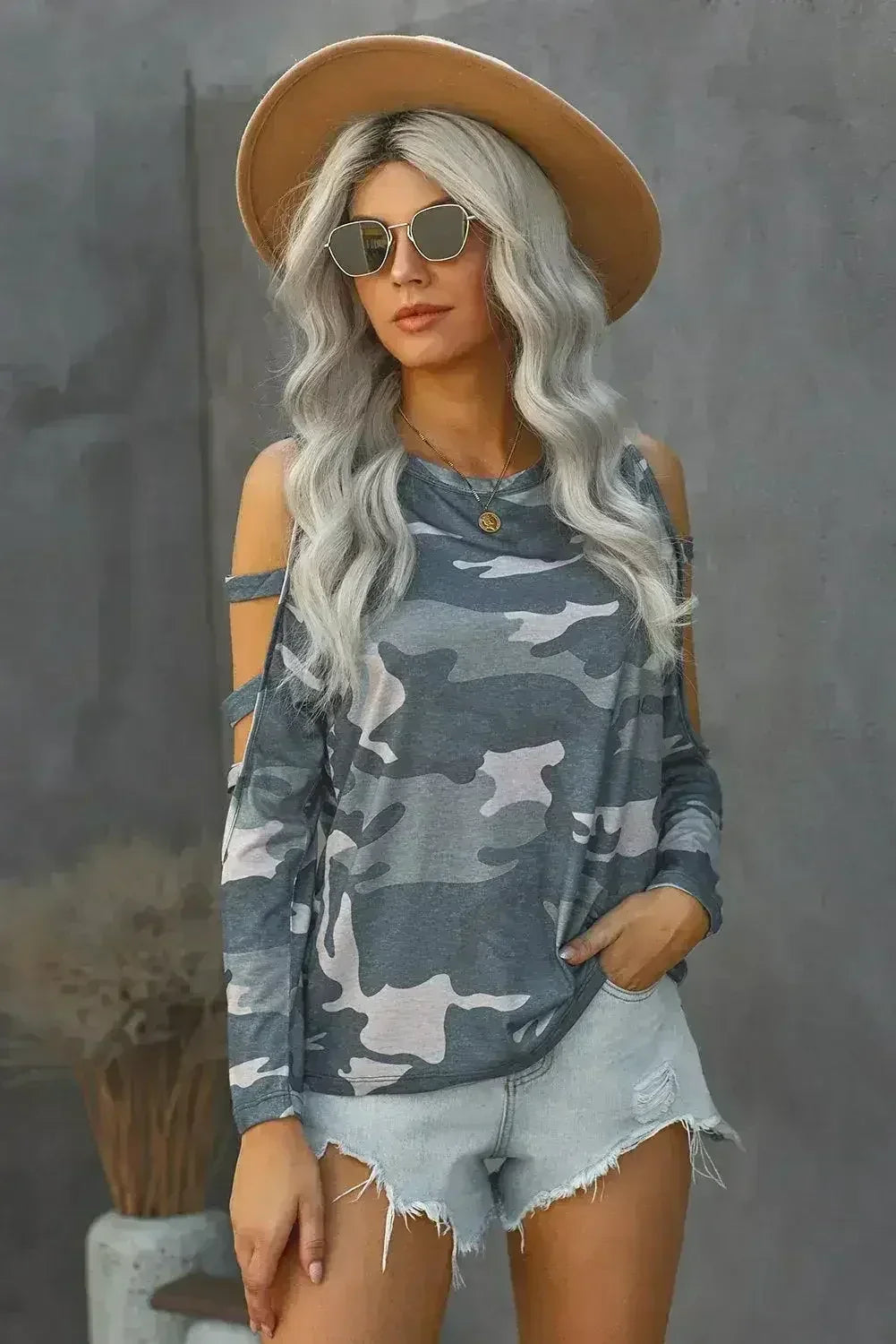 Camouflage Shoulder To Hollow Out Long Sleeve Top - Femstylo