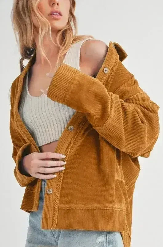 Aemi + Co Side Slit Exposed Seam Button Up Corduroy Jacket - Femstylo