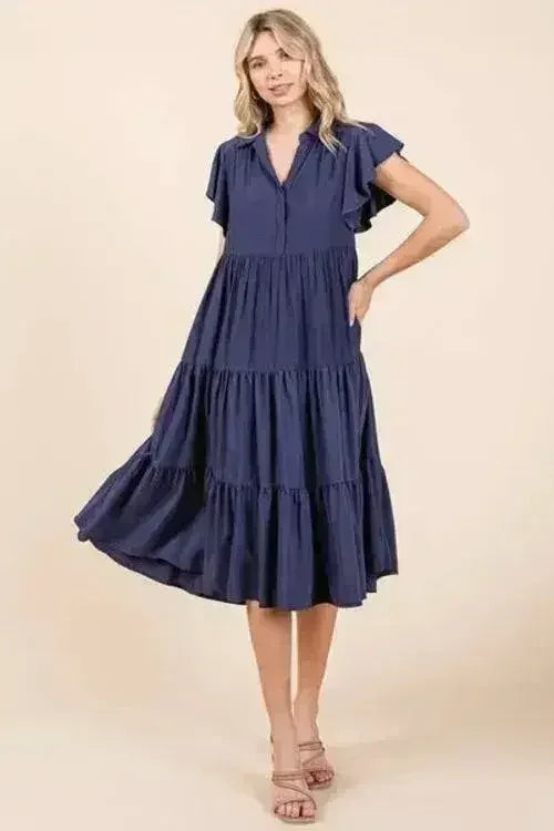 Mittoshop Ruffle Sleeve Collared V Neck Tiered Midi Dress - Femstylo
