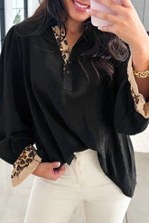 Black Leopard Contrast V Neck Long Sleeve Blouse