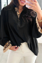 Black Leopard Contrast V Neck Long Sleeve Blouse
