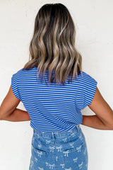 Black Stripe Ribbed Cap Sleeve Round Neck T Shirt