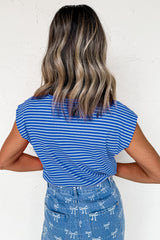 Black Stripe Ribbed Cap Sleeve Round Neck T Shirt