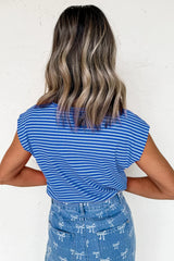 Black Stripe Ribbed Cap Sleeve Round Neck T Shirt