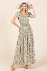 Mittoshop Flower Print Puff Sleeve Gathered Maxi Dress - Femstylo