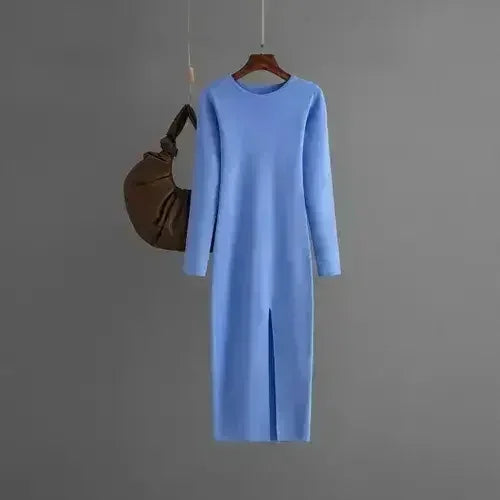 Autumn And Winter Long Sleeve Knitted Backless Round Neck Dress - Femstylo