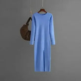 Autumn And Winter Long Sleeve Knitted Backless Round Neck Dress - Femstylo
