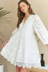 ADORA Lace Detail Tiered Eyelet V-Neck Babydoll Dress - Femstylo