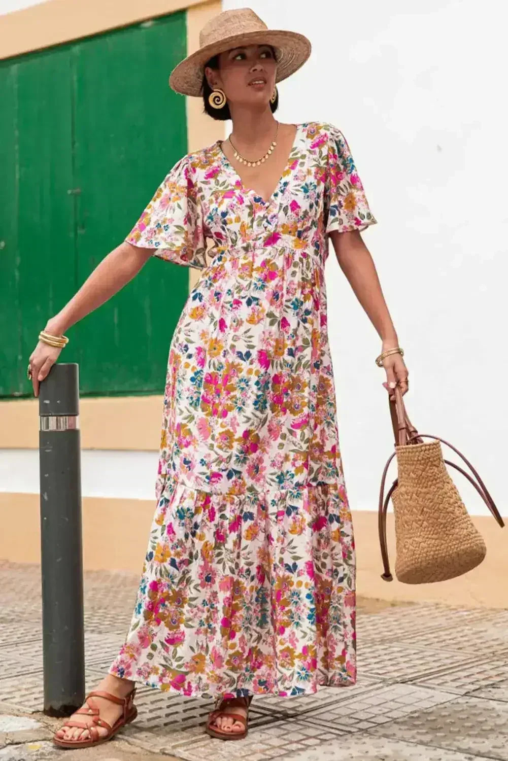 Red Floral Short Sleeve V Neck High Waist Maxi Dress - Femstylo