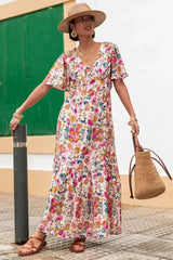 Red Floral Short Sleeve V Neck High Waist Maxi Dress - Femstylo