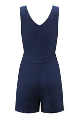 Casual Blue Button V Neck Sleeveless Romper with Belt - Femstylo