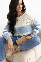 Light Blue Open Stitch Puff Sleeve Sweater - Femstylo