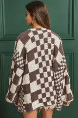 Taupe Colorblock Checked Open Front Knitted Cardigan