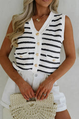 Sky Blue Striped V Neck Button Knit Vest