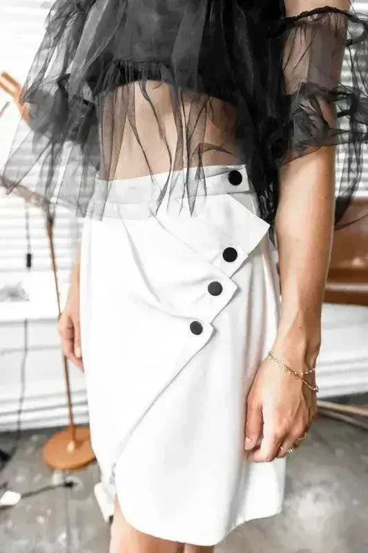 White Button Front Layered Asymmetrical Mini Skirt - Femstylo
