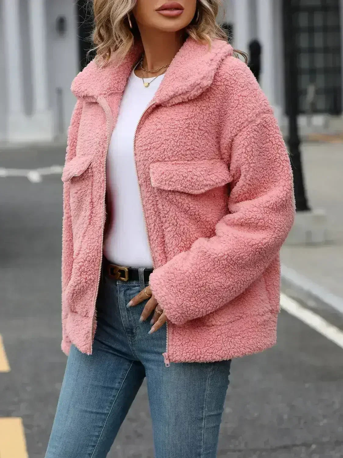Zip Up Long Sleeve Plush Jacket - Femstylo