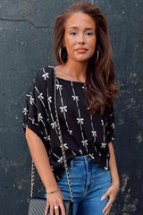 Black Bow Print Striped Puff Short Sleeve Blouse