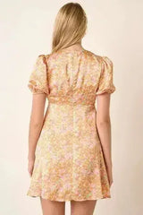 Mittoshop Printed V-Neck Puff Sleeve Mini Dress - Femstylo