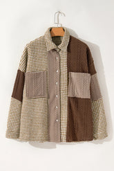 Khaki Houndstooth Patchwork Shacket | Fit Textured Jacket - Femstylo