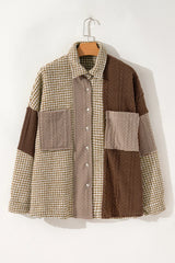 Khaki Houndstooth Patchwork Shacket | Fit Textured Jacket - Femstylo