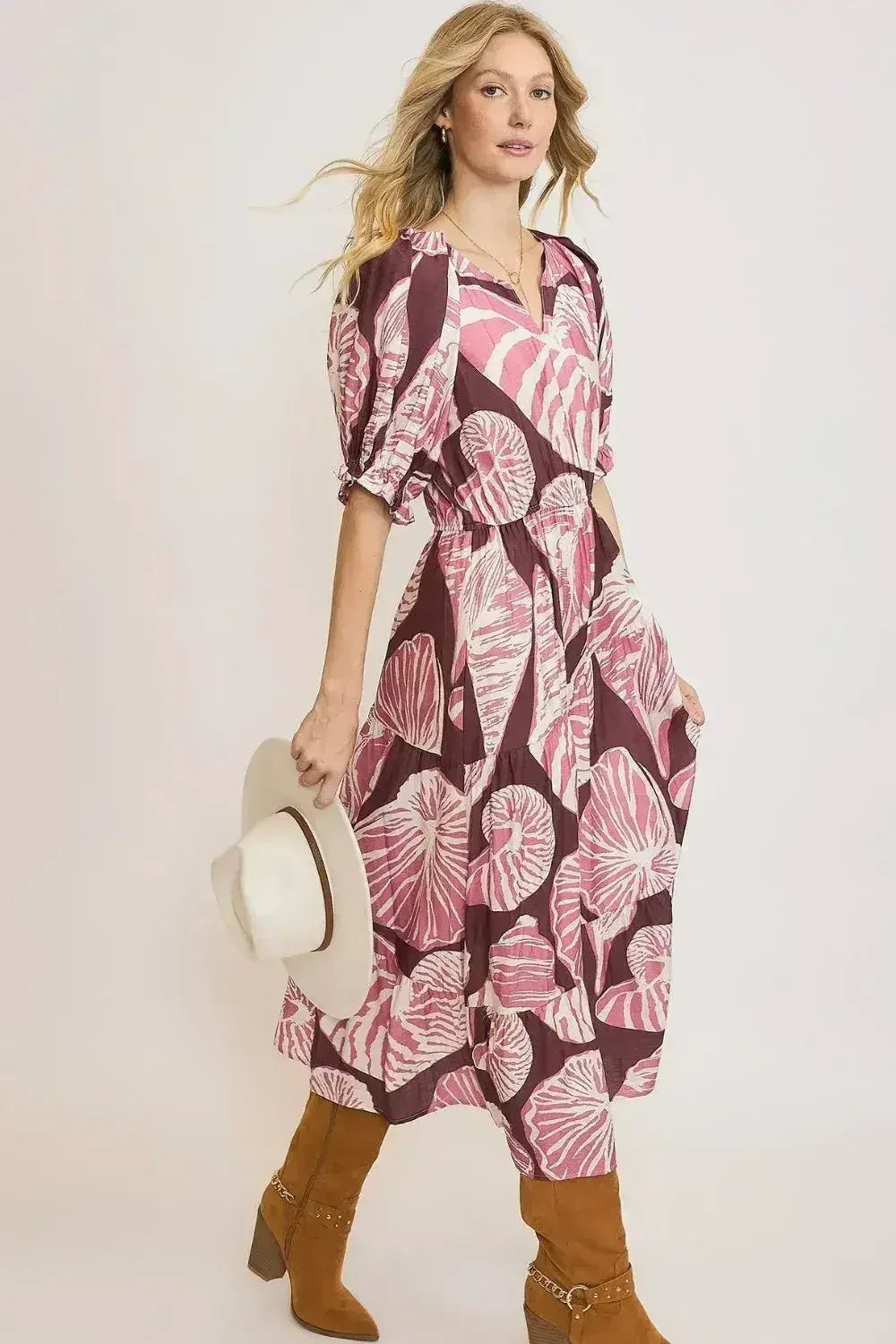 Umgee Full Size Printed Notched Puff Sleeve Midi Dress Plus Size - Femstylo
