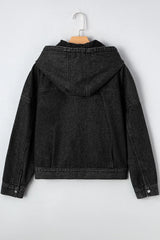 Black Chest Pocket Drop Shoulder Hooded Denim Jacket