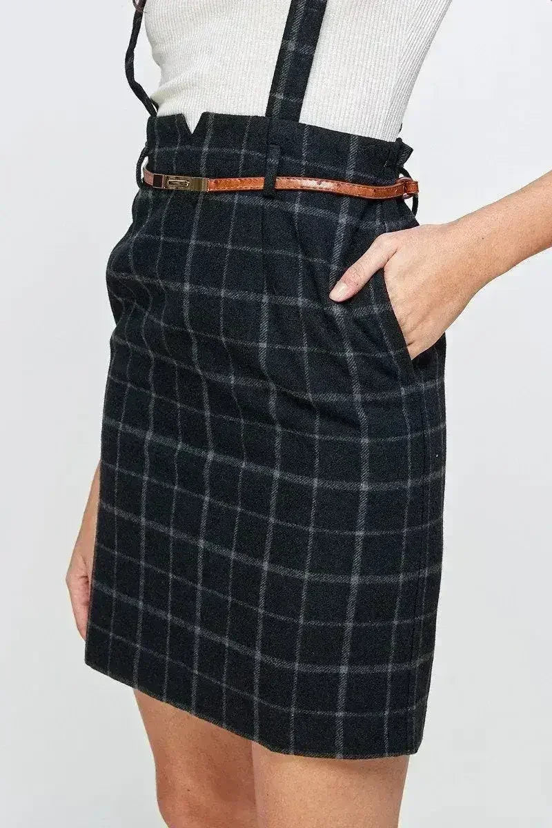 Plaid Suspender Skirt with Belt Detail - Femstylo