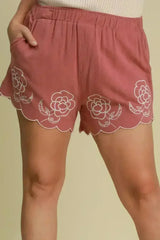 Umgee Full Size Linen Blend Shorts with Floral Embroidered Details - Femstylo
