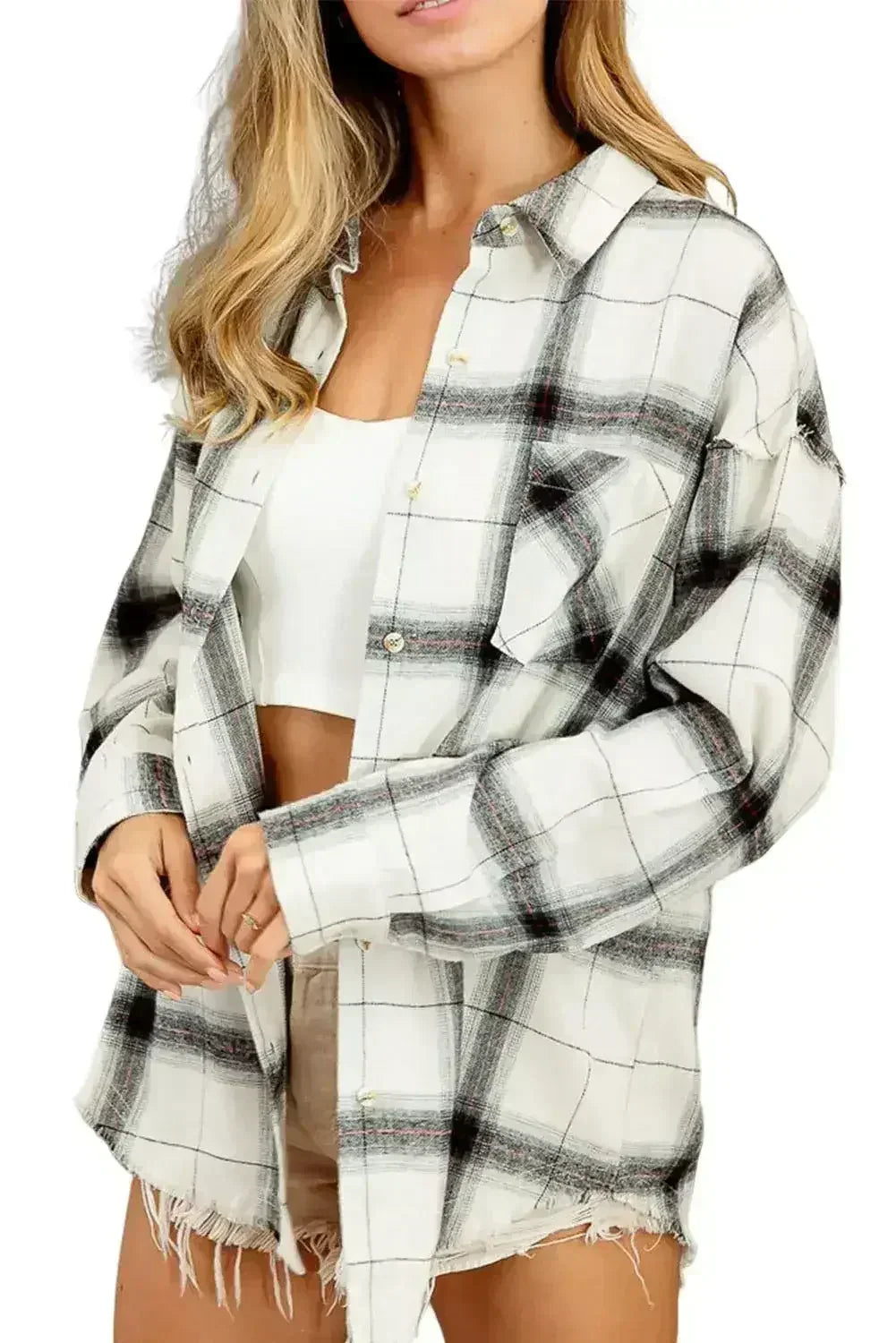 White Plaid Raw Hem Button up Jacket with Pocket - Femstylo