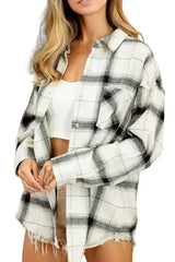 White Plaid Raw Hem Button up Jacket with Pocket - Femstylo