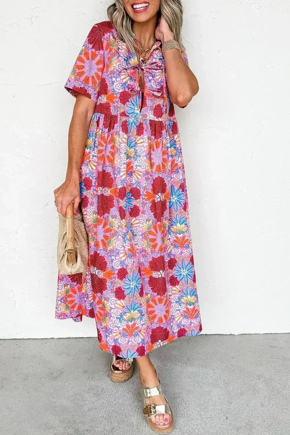Rose Floral Print Tie Front High Waist Loose Midi Dress - Femstylo