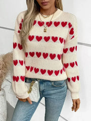 Heart Round Neck Dropped Shoulder Sweater - Femstylo