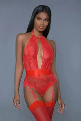 Ophelia Satin Bodysuit – Detachable Suspenders & Plunge Neckline - Femstylo