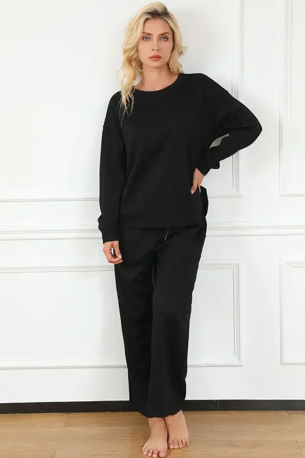 Black Ultra Loose Textured 2pcs Slouchy Outfit - Femstylo