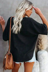 Blue Exposed Seam Drop Sleeve V Neck Waffle Textured Top - Femstylo