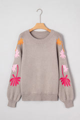 Simply Taupe Embroidered Floral Sleeve Round Neck Loose Sweater