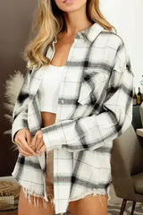 White Plaid Raw Hem Button up Jacket with Pocket - Femstylo