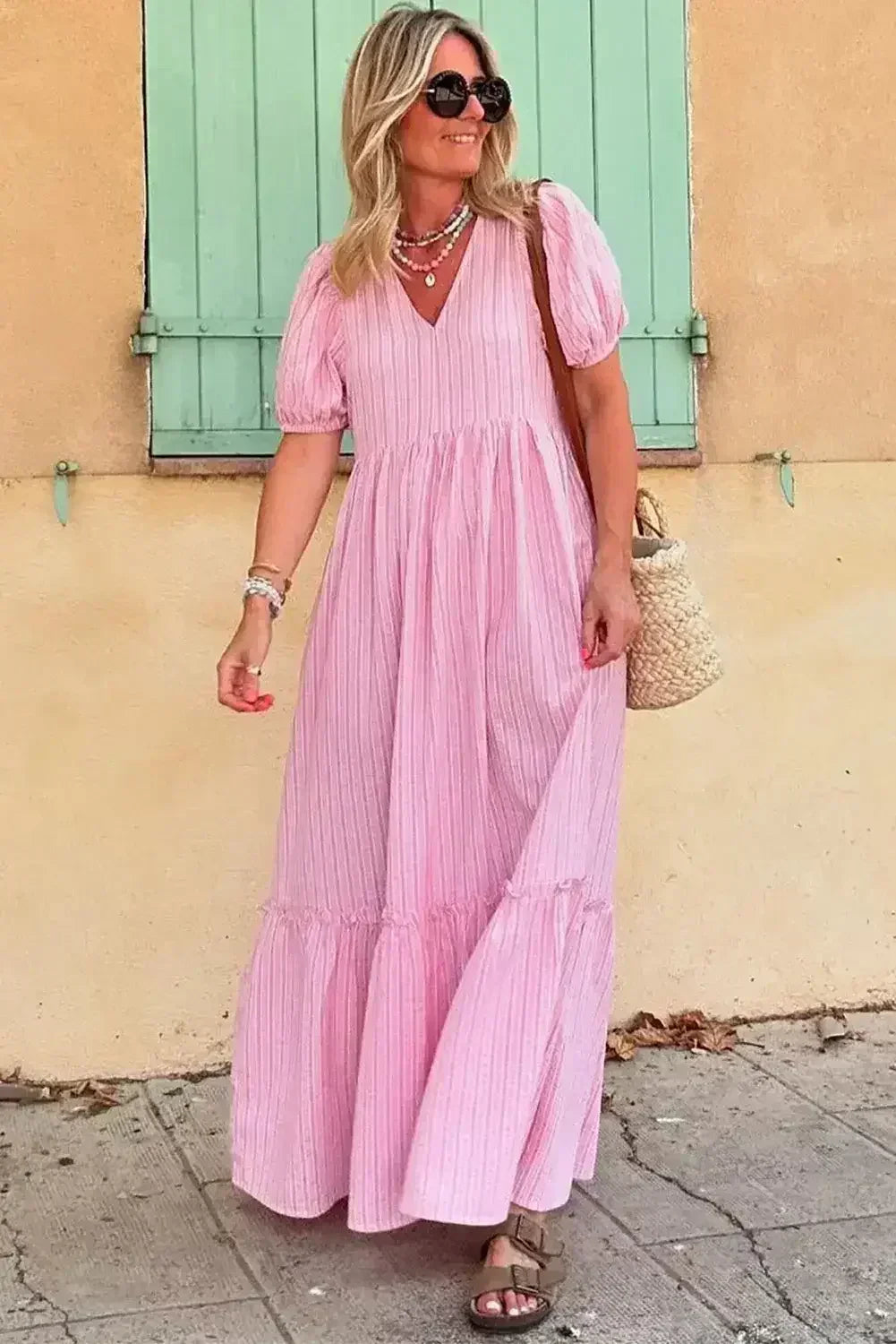 Pink Striped V Neck Puff Sleeve Frill Tiered Maxi Dress - Femstylo
