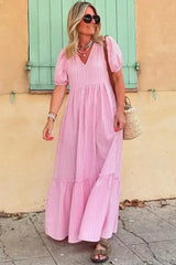 Pink Striped V Neck Puff Sleeve Frill Tiered Maxi Dress - Femstylo