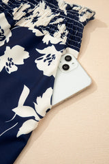 Blue Floral Smocked Frill Waist Wide Leg Pants